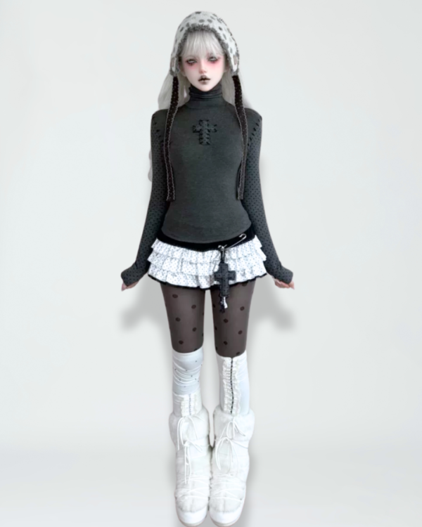 damngirl original gothic cross patchwork top & polka dot layered cake skirt set harajuku streetwear ashy base layer