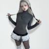 damngirl original gothic cross patchwork top & polka dot layered cake skirt set harajuku streetwear ashy base layer