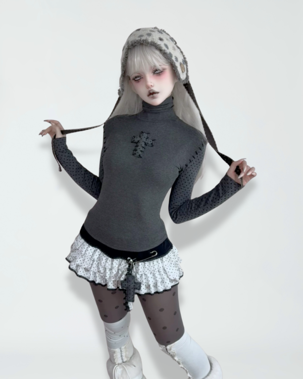 damngirl original gothic cross patchwork top & polka dot layered cake skirt set harajuku streetwear ashy base layer