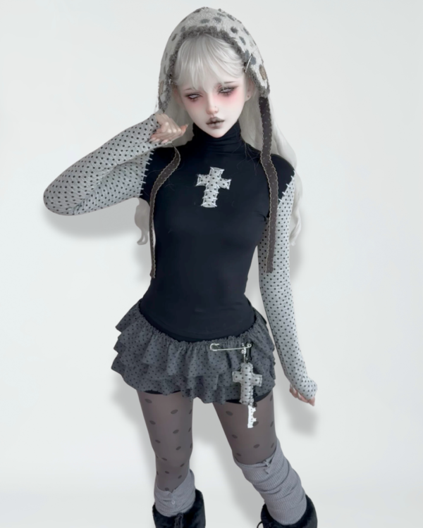 damngirl original gothic cross patchwork top & polka dot layered cake skirt set harajuku streetwear ashy base layer