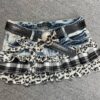 Y2K Vintage Leopard Plaid Denim Patchwork Mini Skirt - Handmade Low Rise Summer Gypsy Grunge Pleated Skirt