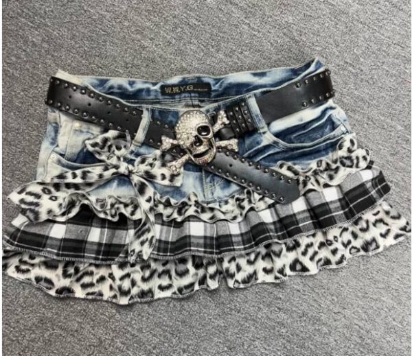 Y2K Vintage Leopard Plaid Denim Patchwork Mini Skirt - Handmade Low Rise Summer Gypsy Grunge Pleated Skirt