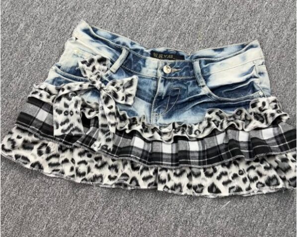 Y2K Vintage Leopard Plaid Denim Patchwork Mini Skirt - Handmade Low Rise Summer Gypsy Grunge Pleated Skirt