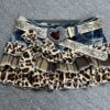 Y2K Vintage Leopard Plaid Denim Patchwork Mini Skirt - Handmade Low Rise Summer Gypsy Grunge Pleated Skirt