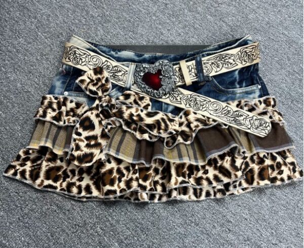 Y2K Vintage Leopard Plaid Denim Patchwork Mini Skirt - Handmade Low Rise Summer Gypsy Grunge Pleated Skirt