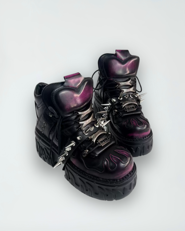 mib'vias original cyber goth platform boots handmade rubbed color high top shoes with heavy metal spikes & rivets (unisex)
