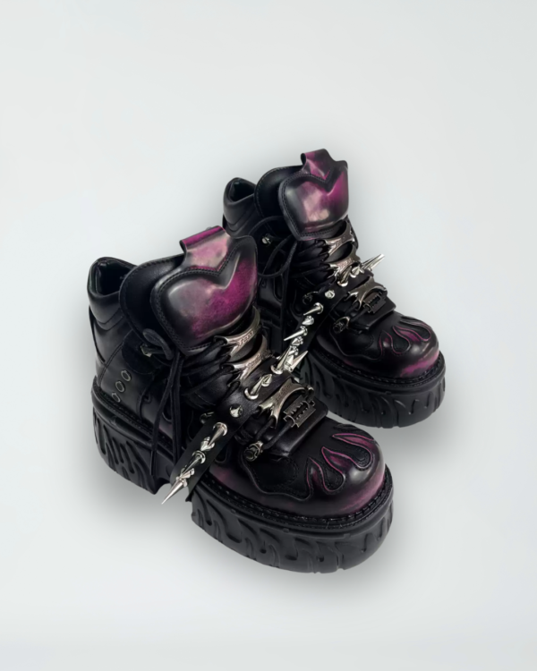 mib'vias original cyber goth platform boots handmade rubbed color high top shoes with heavy metal spikes & rivets (unisex)