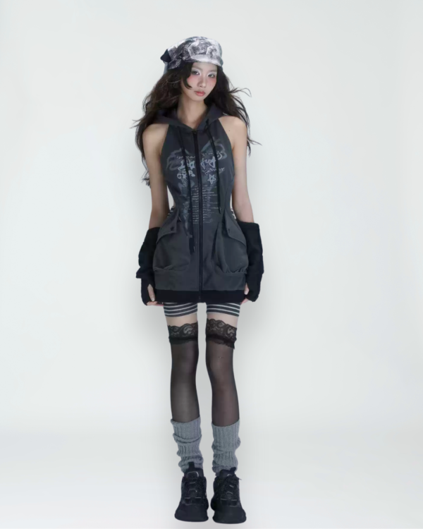 wsw no body original "sleepy radio" streetwear set cut out long hoodie zip up sweatshirt & high waisted striped shorts suit