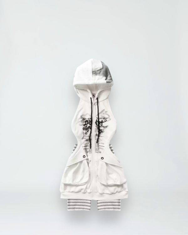 wsw no body original "sleepy radio" streetwear set cut out long hoodie zip up sweatshirt & high waisted striped shorts suit