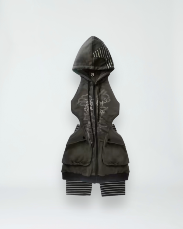 wsw no body original "sleepy radio" streetwear set cut out long hoodie zip up sweatshirt & high waisted striped shorts suit
