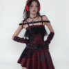 wsw no body original "magic rhythm" gothic punk dress red plaid idol style asymmetrical mini skirt with lace & corset detail
