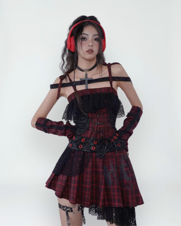 wsw no body original "magic rhythm" gothic punk dress red plaid idol style asymmetrical mini skirt with lace & corset detail