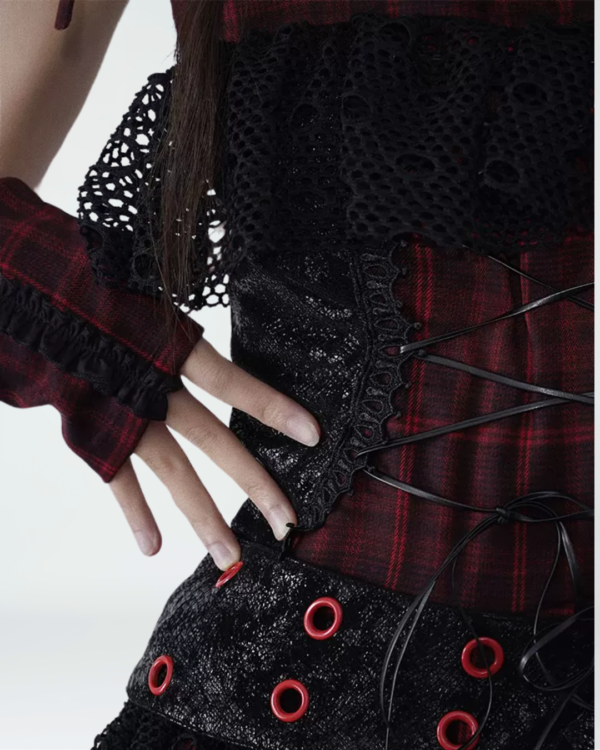 wsw no body original "magic rhythm" gothic punk dress red plaid idol style asymmetrical mini skirt with lace & corset detail