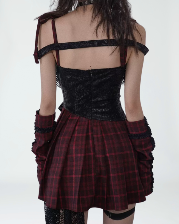 wsw no body original "magic rhythm" gothic punk dress red plaid idol style asymmetrical mini skirt with lace & corset detail