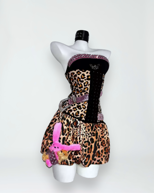 the doll house original "leopard cat" shibuya hot girl set sexy bodycon bandeau dress with rhinestone belt & plush accessory