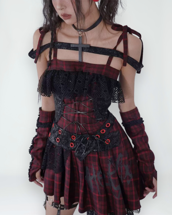 wsw no body original "magic rhythm" gothic punk dress red plaid idol style asymmetrical mini skirt with lace & corset detail