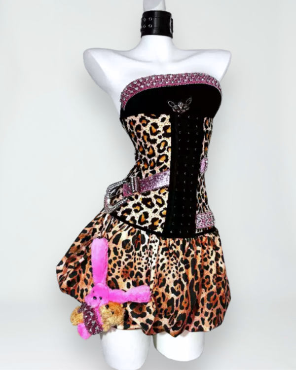 the doll house original "leopard cat" shibuya hot girl set sexy bodycon bandeau dress with rhinestone belt & plush accessory
