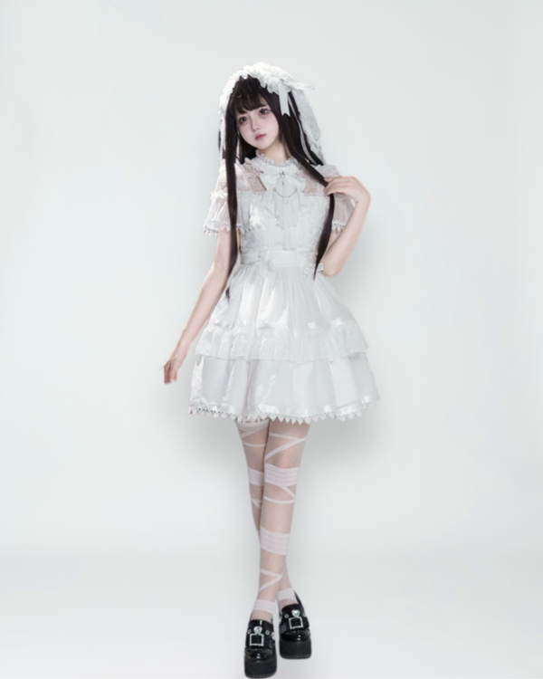 dokicherry original gothic lolita "black white doll" set short sleeved op dress, gauze skirt girdle & lace lei style accessories