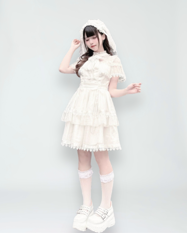 dokicherry original gothic lolita "black white doll" set short sleeved op dress, gauze skirt girdle & lace lei style accessories
