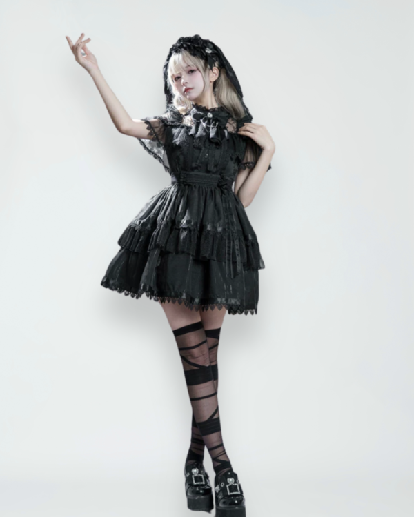 dokicherry original gothic lolita "black white doll" set short sleeved op dress, gauze skirt girdle & lace lei style accessories