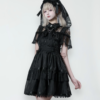 dokicherry original gothic lolita "black white doll" set short sleeved op dress, gauze skirt girdle & lace lei style accessories