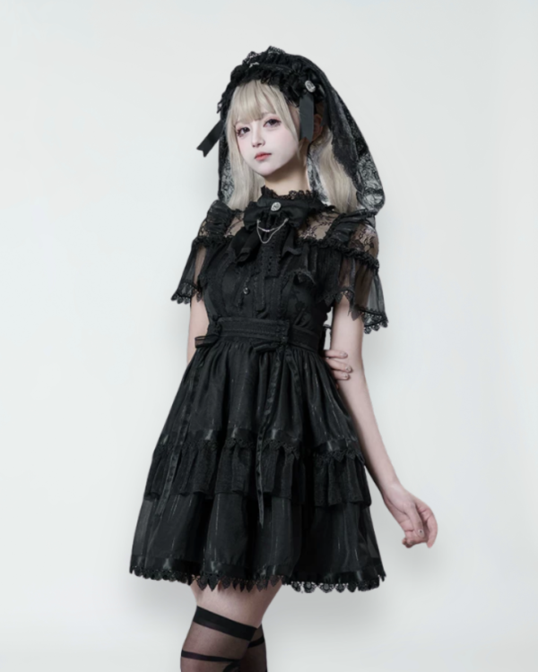 dokicherry original gothic lolita "black white doll" set short sleeved op dress, gauze skirt girdle & lace lei style accessories