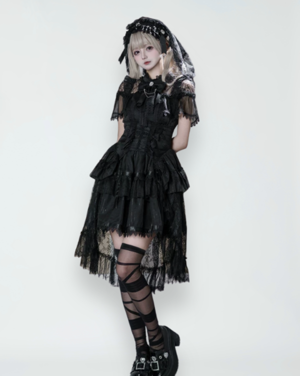 dokicherry original gothic lolita "black white doll" set short sleeved op dress, gauze skirt girdle & lace lei style accessories
