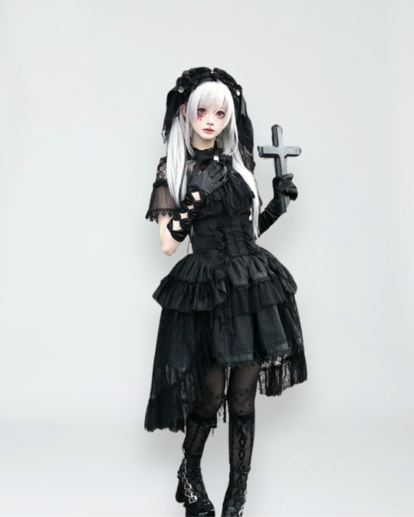 dokicherry original gothic lolita "black white doll" set short sleeved op dress, gauze skirt girdle & lace lei style accessories