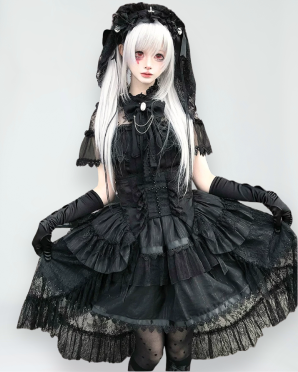 dokicherry original gothic lolita "black white doll" set short sleeved op dress, gauze skirt girdle & lace lei style accessories