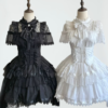 dokicherry original gothic lolita "black white doll" set short sleeved op dress, gauze skirt girdle & lace lei style accessories