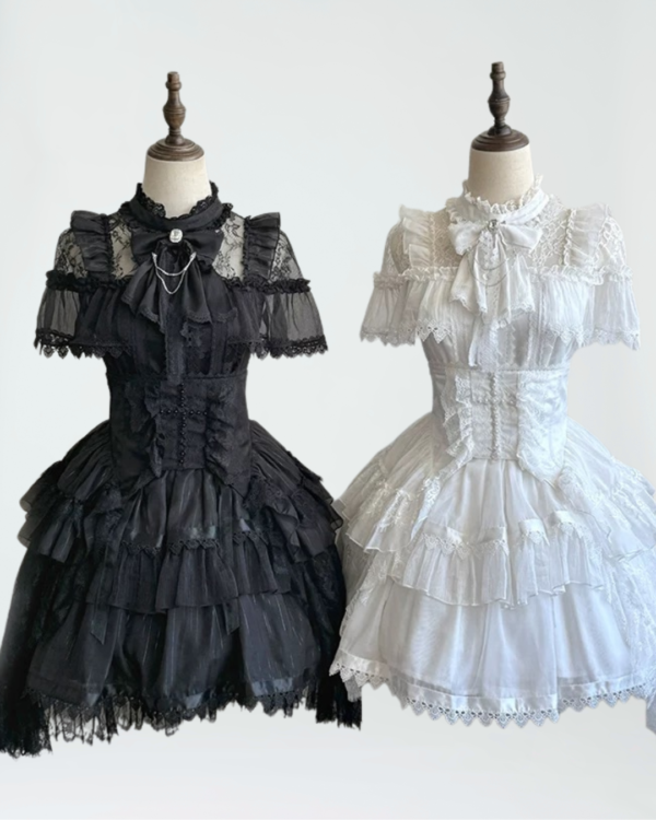 dokicherry original gothic lolita "black white doll" set short sleeved op dress, gauze skirt girdle & lace lei style accessories