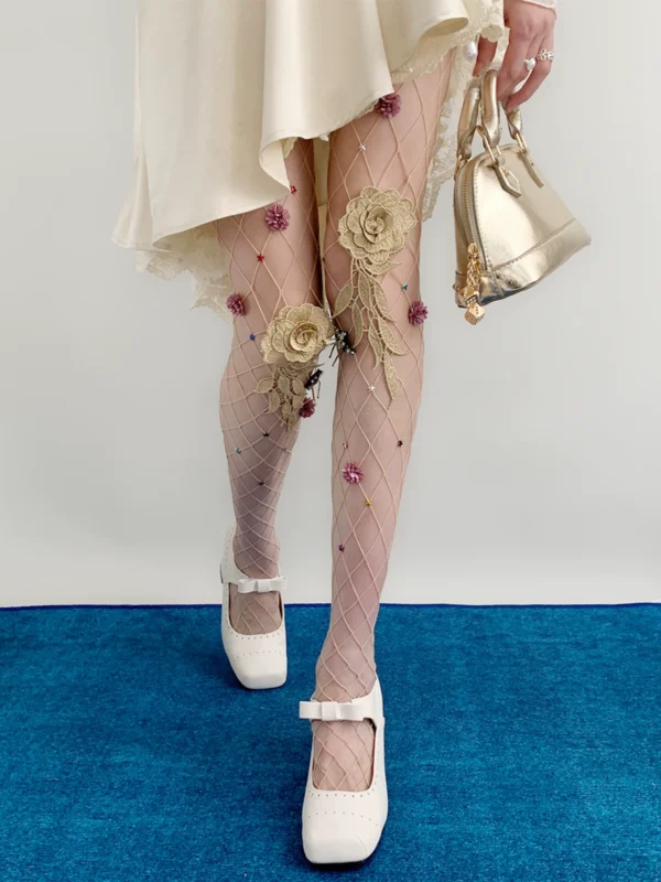 y2k shibuya gyaru floral embroidered fishnet tights night classroom aesthetic 3d rose mesh sheer stockings