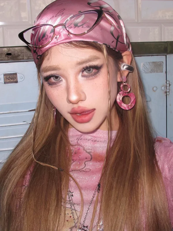 y2k millennium baddie pink gradient bandana cyberpunk subculture streetwear printed silk head scarf unisex