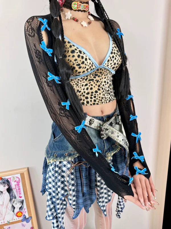 bon y2k flocked bow lace arm warmers millennium subculture bolero shrug sun protection sheer fishnet fingerless sleeves
