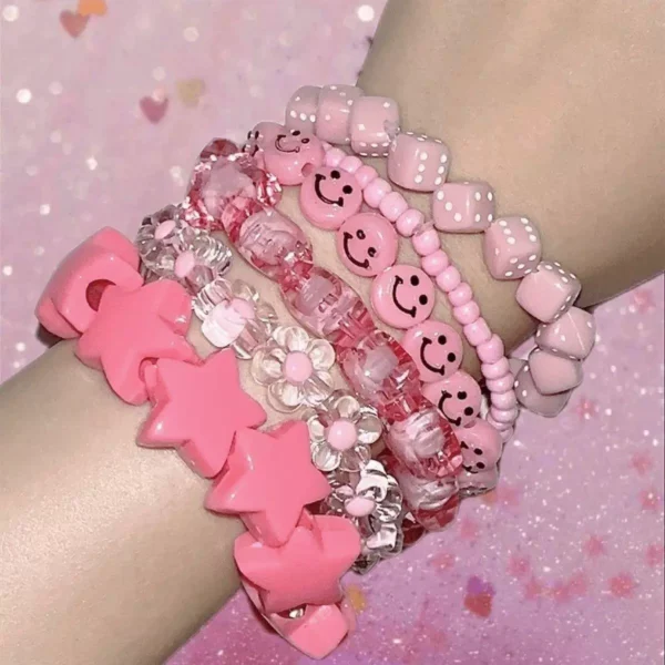 y2k dopamine candy color layered beaded bracelet set harajuku subculture stackable smiley star dice charm wristbands for girls