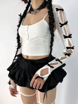 bon y2k flocked bow lace arm warmers millennium subculture bolero shrug sun protection sheer fishnet fingerless sleeves