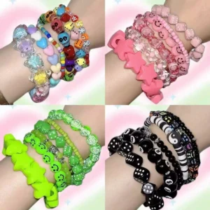 y2k dopamine candy color layered beaded bracelet set harajuku subculture stackable smiley star dice charm wristbands for girls