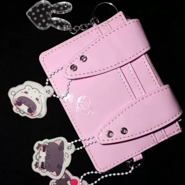 korean style bunny ear patent leather card holder y2k harajuku kpop photocard binder with zipper coin purse & lanyard