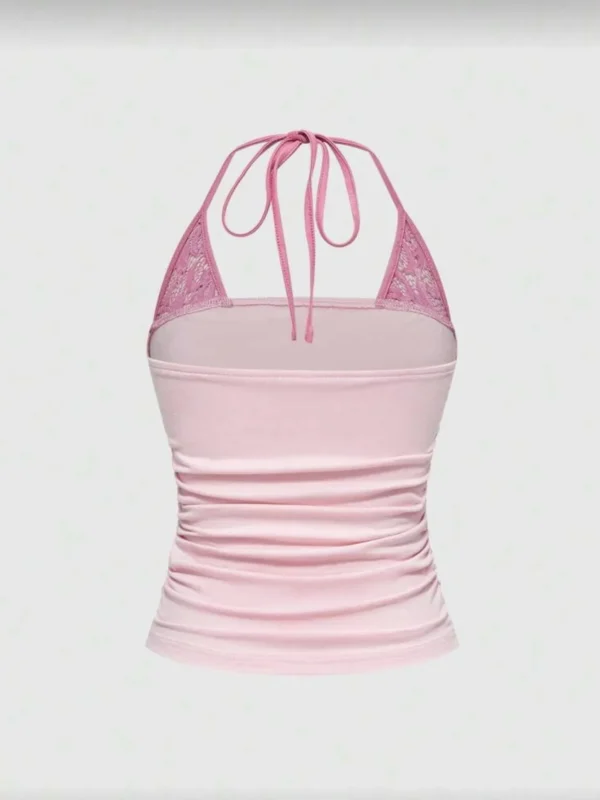 y2k american hot girl pink graphic halter top summer fairycore lace patchwork slim fit backless cami crop to
