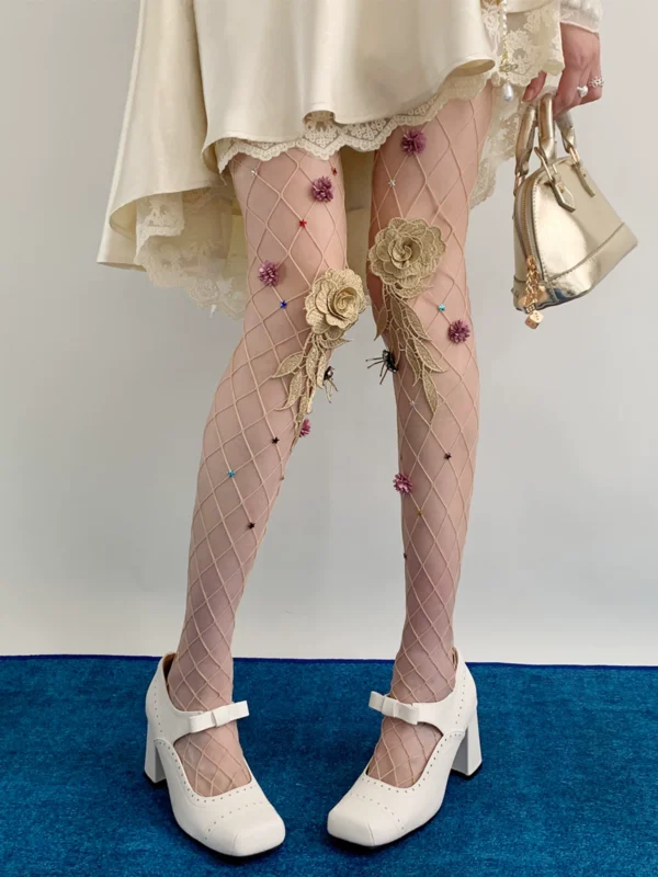 y2k shibuya gyaru floral embroidered fishnet tights night classroom aesthetic 3d rose mesh sheer stockings
