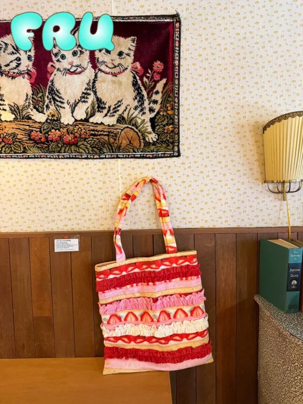 frufru gulu store angel dessert house strawberry cake tote bag lolita coquette aesthetic ruffled canvas shoulder bag