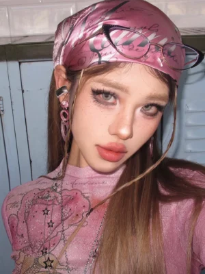 y2k millennium baddie pink gradient bandana cyberpunk subculture streetwear printed silk head scarf unisex