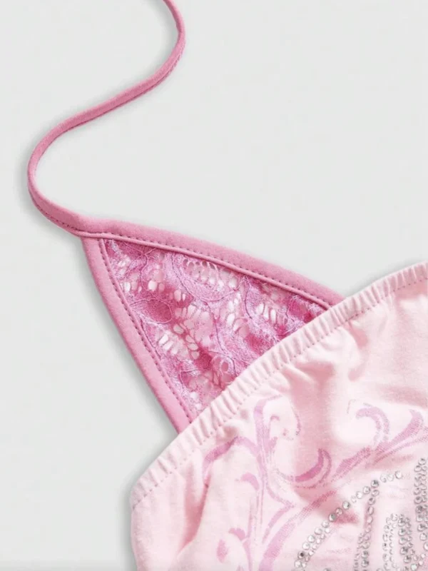 y2k american hot girl pink graphic halter top summer fairycore lace patchwork slim fit backless cami crop to