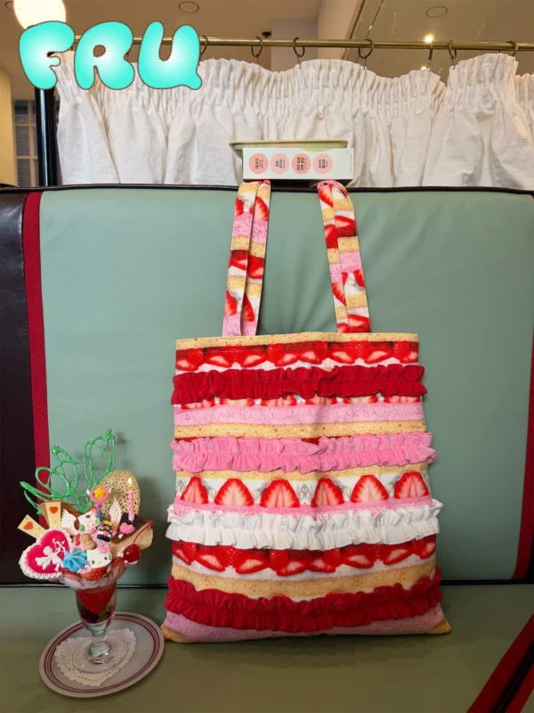 frufru gulu store angel dessert house strawberry cake tote bag lolita coquette aesthetic ruffled canvas shoulder bag