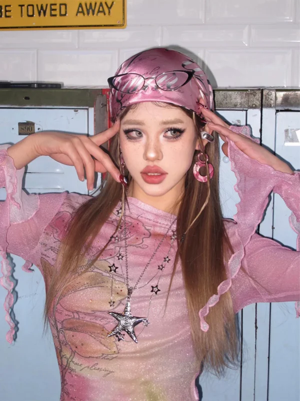 y2k millennium baddie pink gradient bandana cyberpunk subculture streetwear printed silk head scarf unisex