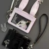 korean style bunny ear patent leather card holder y2k harajuku kpop photocard binder with zipper coin purse & lanyard