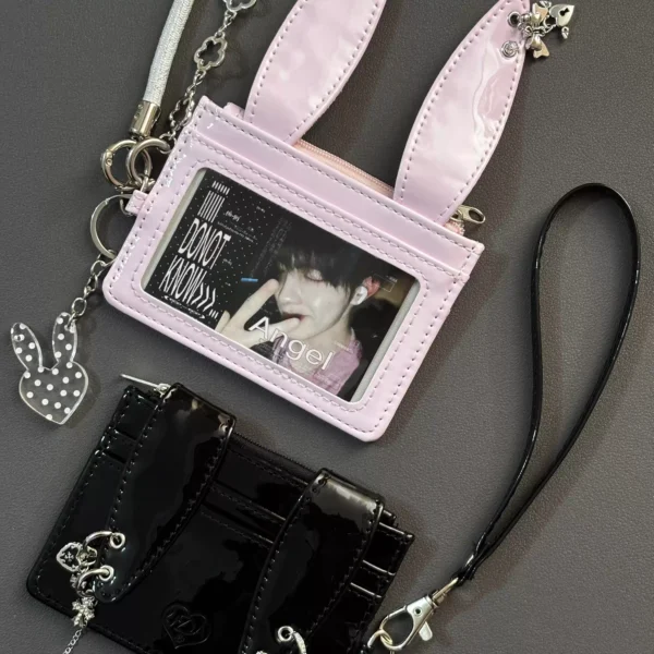 korean style bunny ear patent leather card holder y2k harajuku kpop photocard binder with zipper coin purse & lanyard