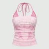 y2k american hot girl pink graphic halter top summer fairycore lace patchwork slim fit backless cami crop to