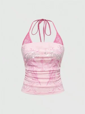 y2k american hot girl pink graphic halter top summer fairycore lace patchwork slim fit backless cami crop to