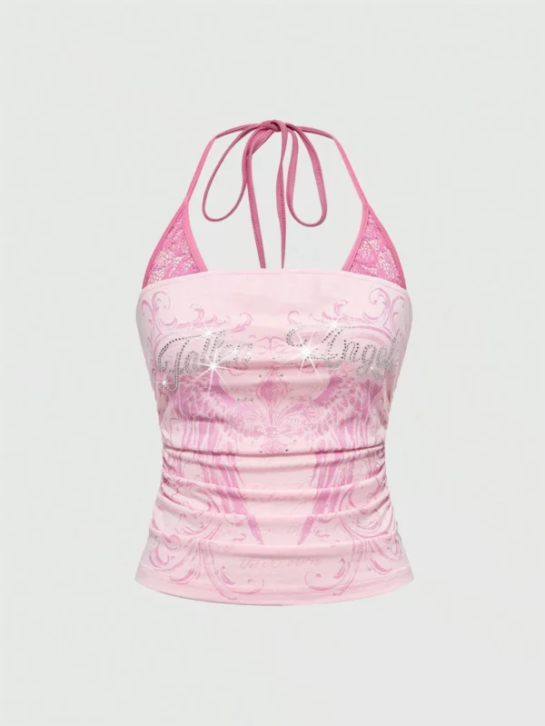 y2k american hot girl pink graphic halter top summer fairycore lace patchwork slim fit backless cami crop to